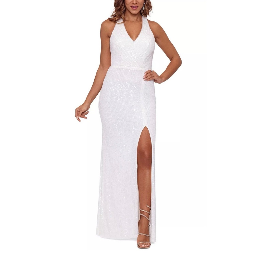 XSCAPE White Sequin Halter Gown | Bridal & Prom | 2 | NWT
